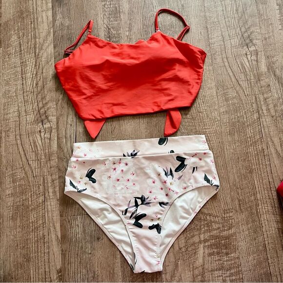 Chic Floral Swimwear bikini set high waist orange size large - Picture 1 of 8